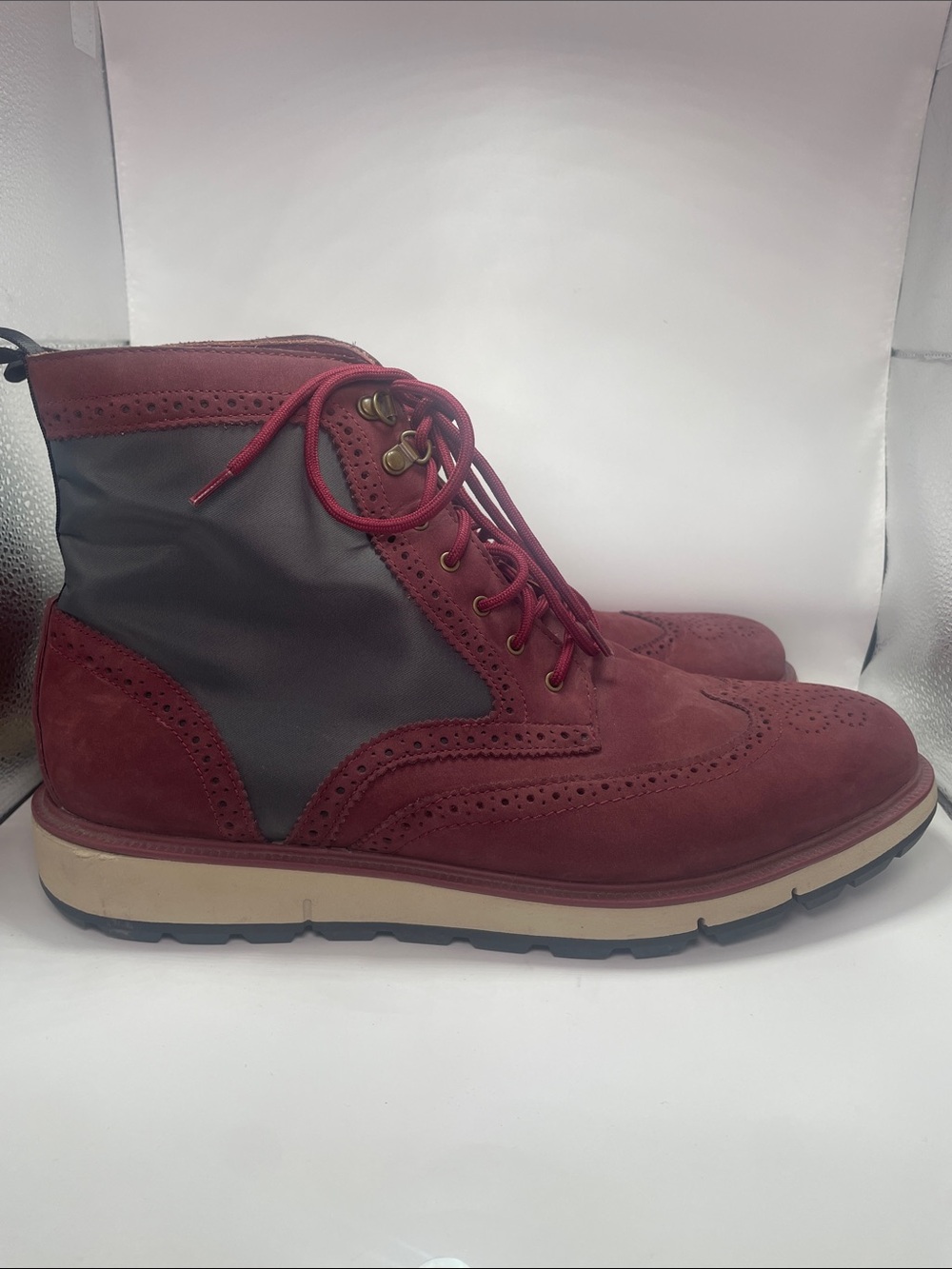 Swims Motion Cabernet Suede & Gray Nylon Wingtip Boot - Red / Black - 12